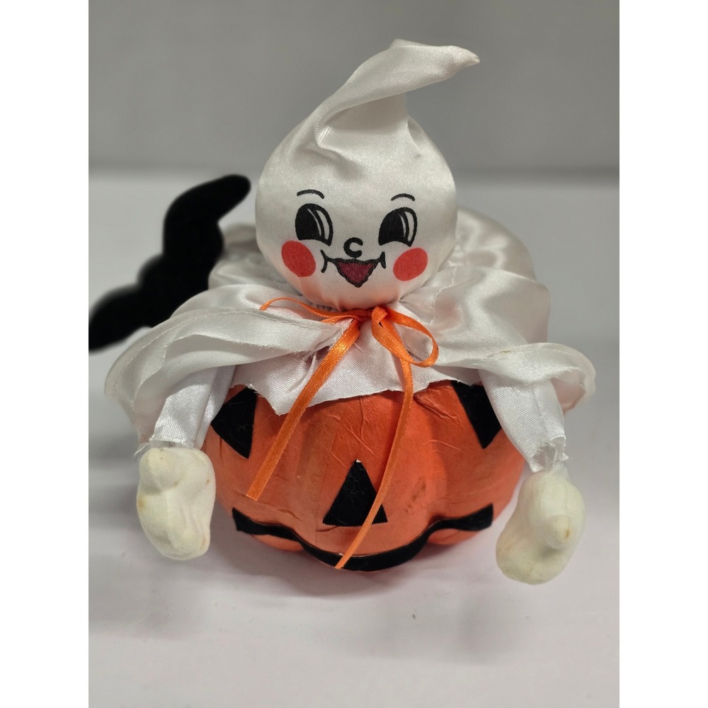 Vintage 1992 ABC Distributing Halloween Ghost in Pumpkin Paper Mache Decor 5.5in